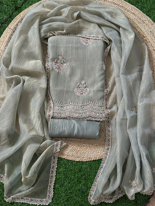Crush Tissue salwar set with handwork on daman and buti placements allover featuring zardosi , meenakari pearls , kardana embroidery