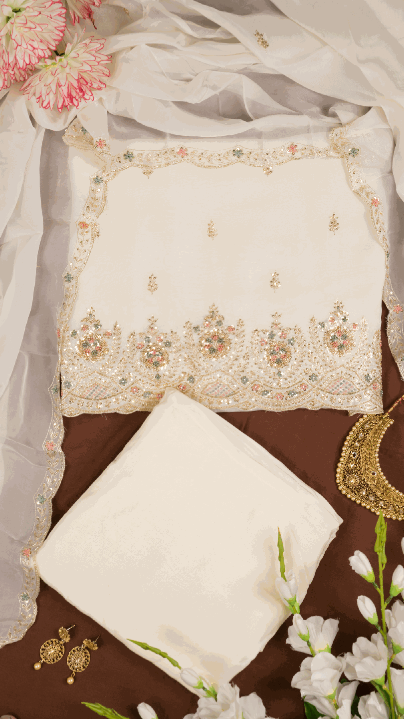 White Chinnon Salwar Suit set with Ghera Hand Embroidery and 4 sider Border Dupatta