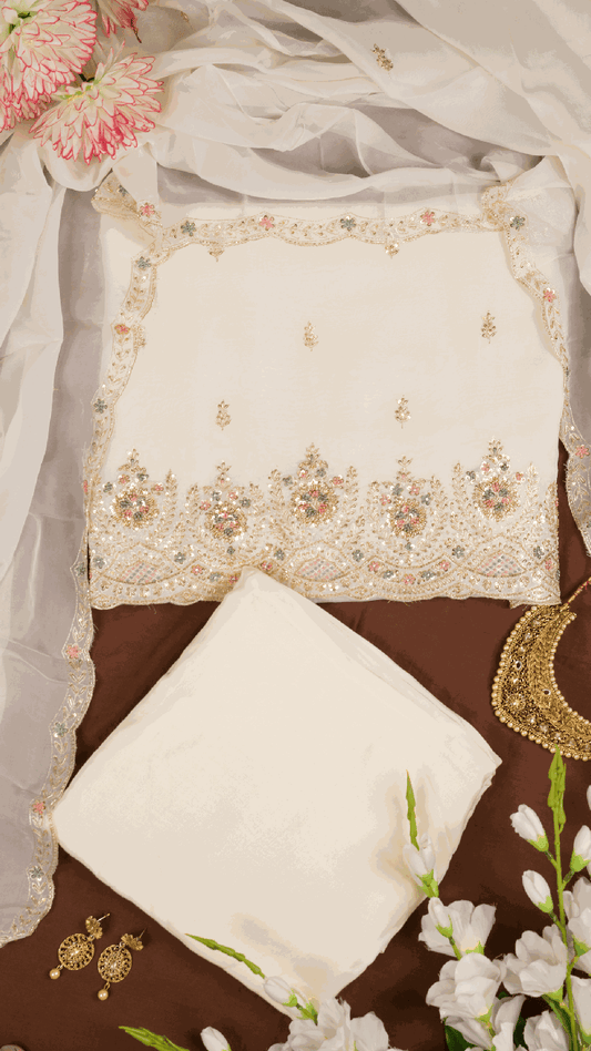 White Chinnon Salwar Suit set with Ghera Hand Embroidery and 4 sider Border Dupatta