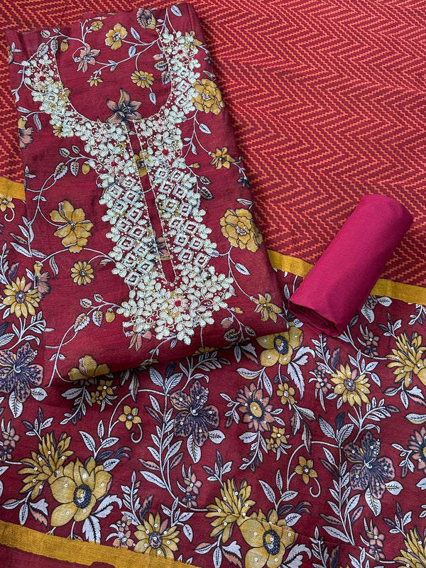 Maheswari Cotton With Hand embroidered Neck line Salwar Set