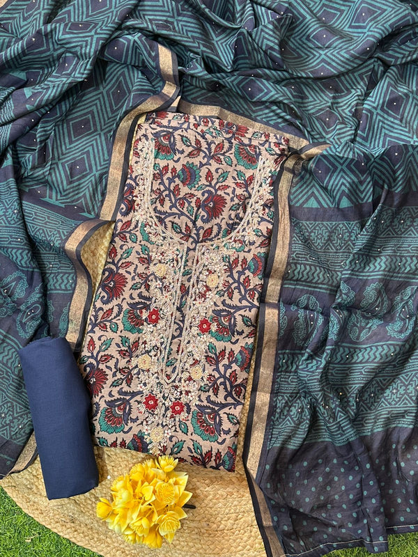 Beige Maheshwari cotton Salwar Set with Handwork Neck Line