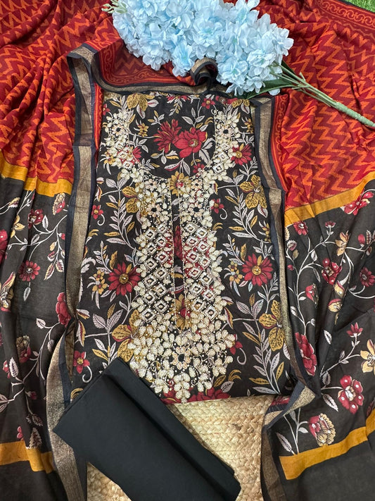 Black Maheshwari Cotton Unstitched Salwar Set with Handwork Neck Line