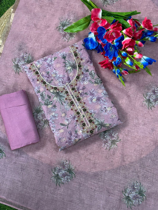 Pink Printed Zari buti Linen Salwar Set with Kantha Embroidery