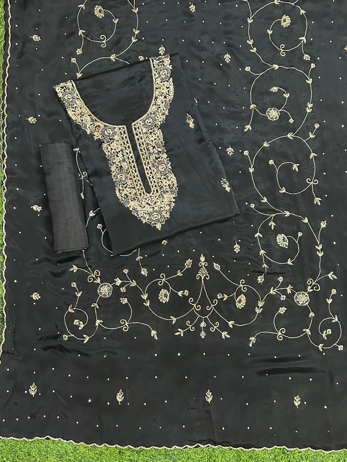 Black Zardosi Neck Liner Salwar Set with Jal Dupatta