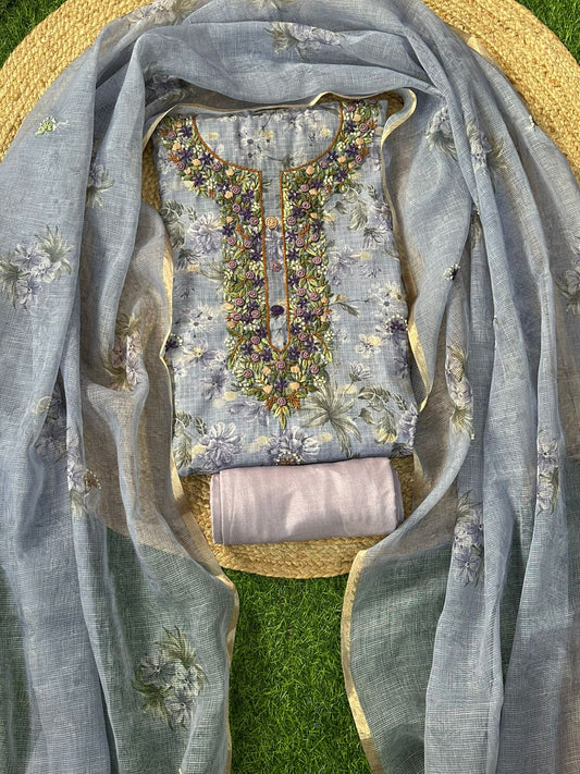 Printed Linen Tissue with Zari Buti Kantha Embroidered Unstitched Salwar Set