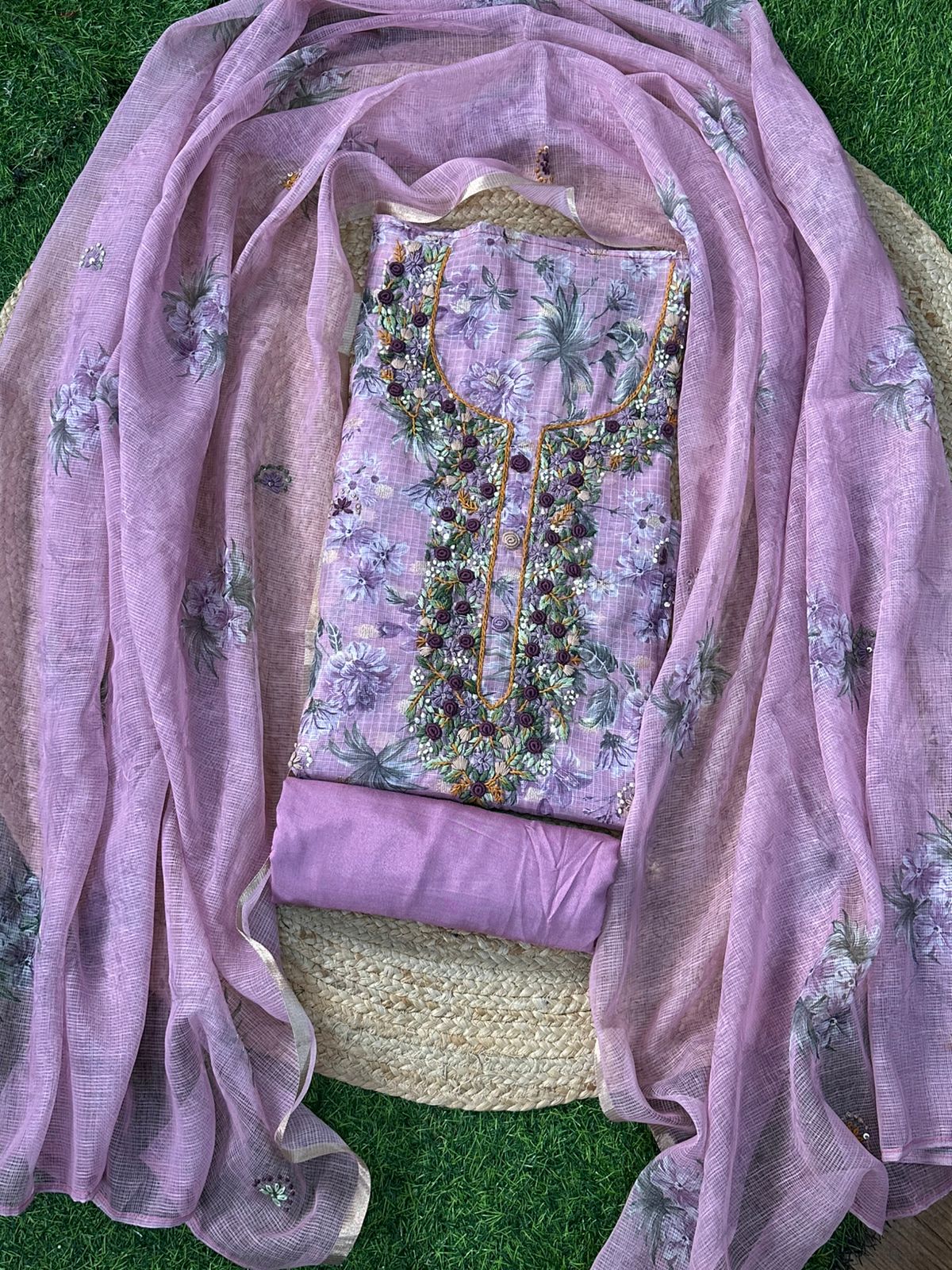Printed Linen Tissue with Zari Buti Kantha Embroidered Unstitched Salwar Set
