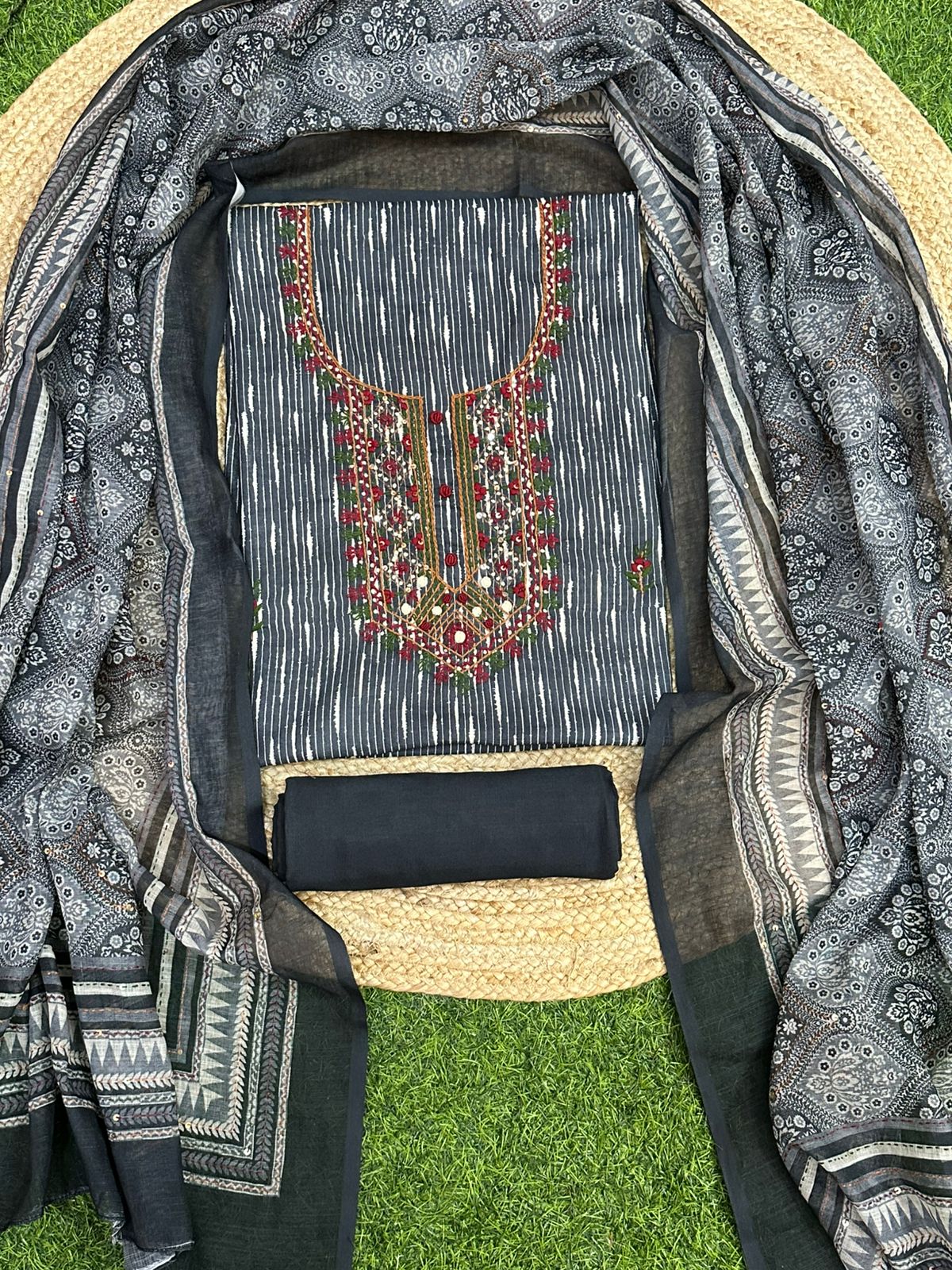 Soft Linen with Kantha Embroidery Unstitched Salwar Set