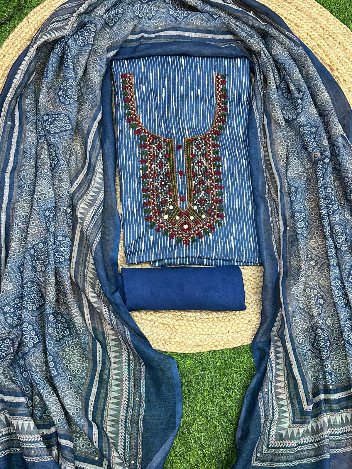 Soft Linen with Kantha Embroidery Unstitched Salwar Set