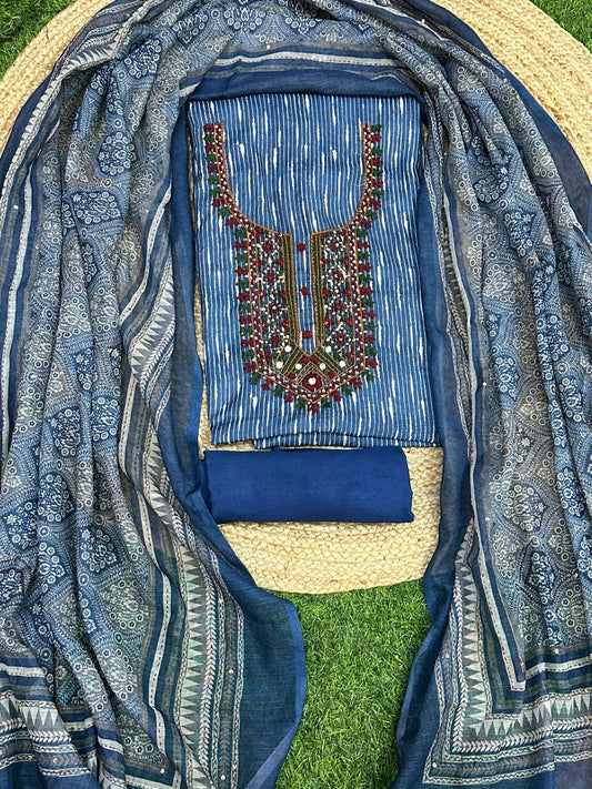 Soft Linen with Kantha Embroidery Unstitched Salwar Set