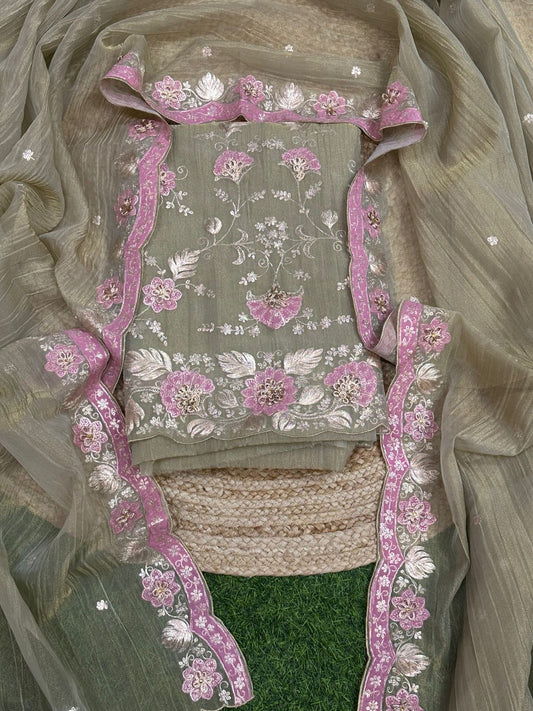 Crush Tissue Unstiched Salwar Set with all-over jaal applique embroidery