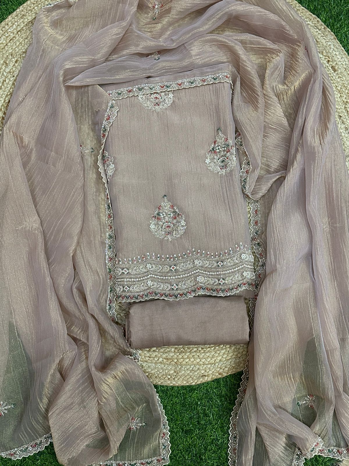 Crush Tissue salwar set with handwork on daman and buti placements allover featuring zardosi , meenakari pearls , kardana embroidery