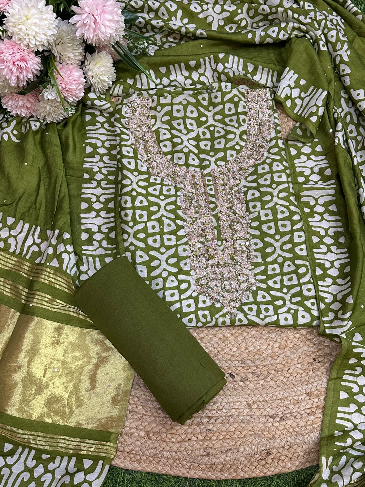 Muslin Batic print Salwar set with Handwork Neck line