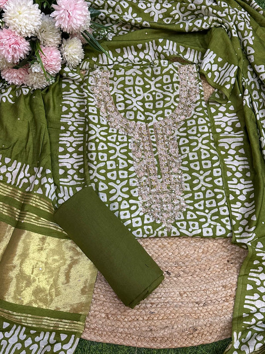 Muslin Batic print Salwar set with Handwork Neck line