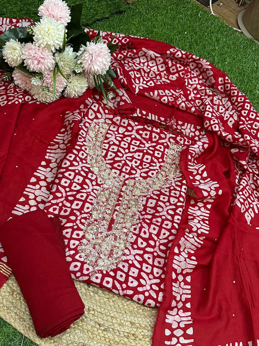Muslin Batic print Salwar set with Handwork Neck line