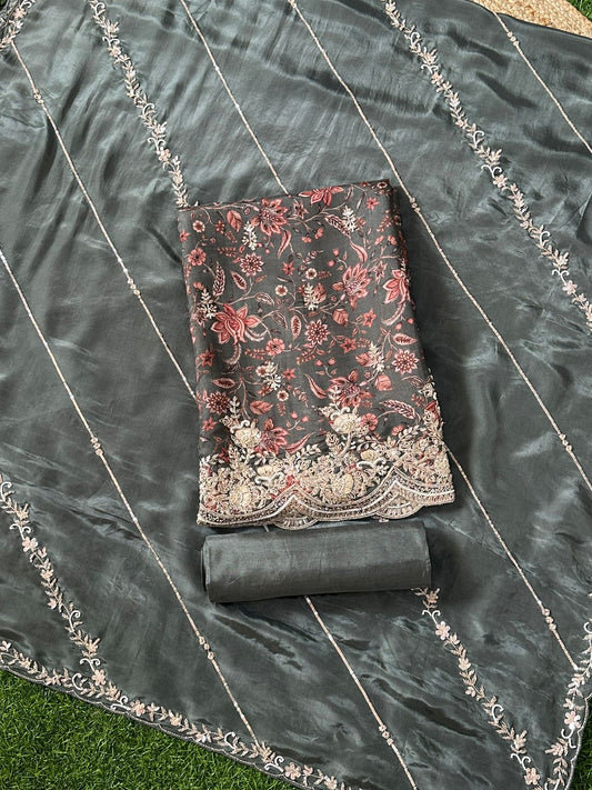 Printed Silk with Ghera design and Jaal Dupatta Unstitched Salwar Set