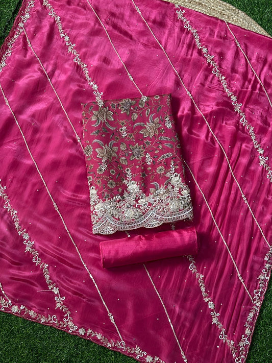Printed Silk with Ghera design and Jaal Dupatta Unstitched Salwar Set