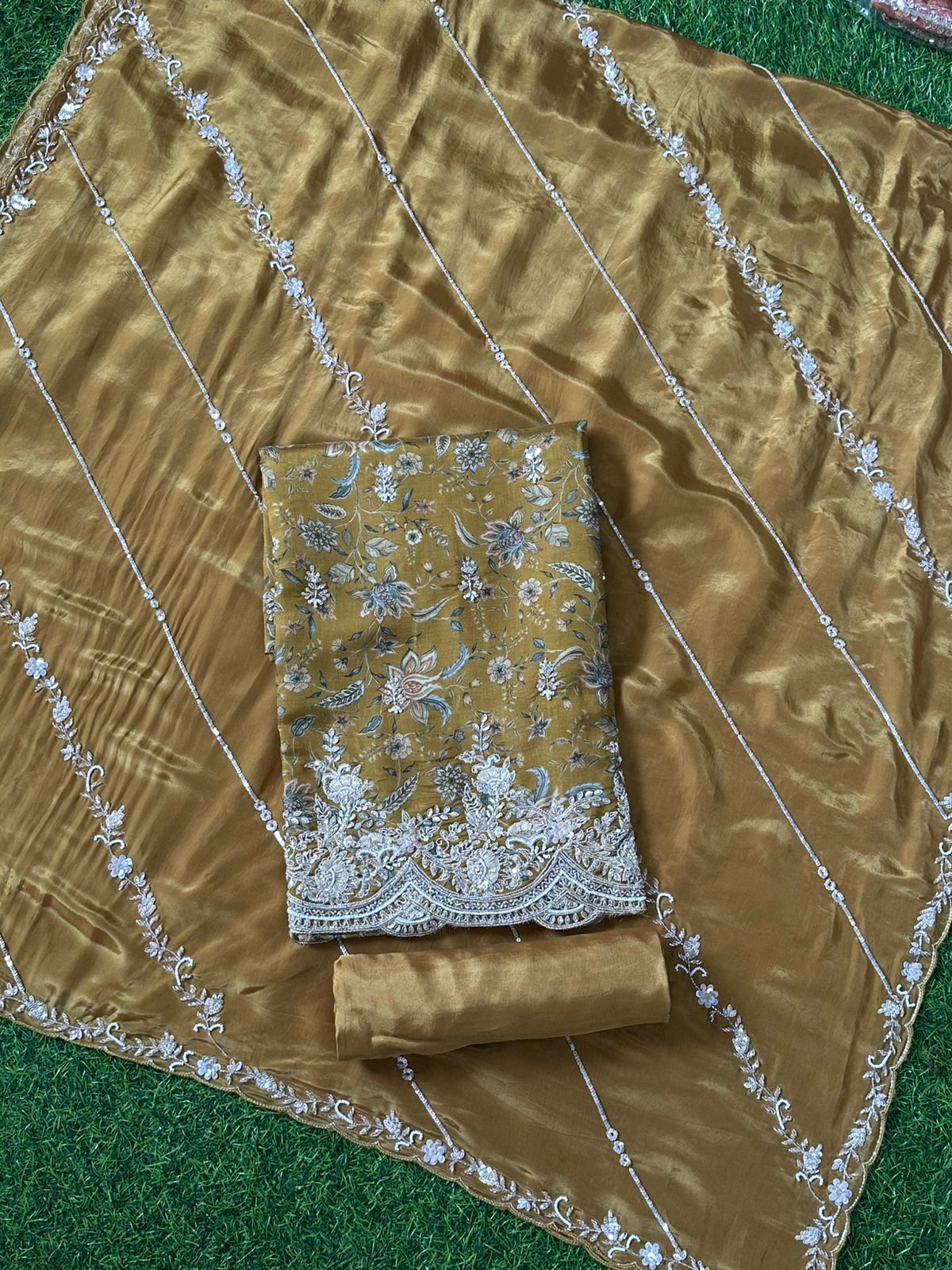 Printed Silk with Ghera design and Jaal Dupatta Unstitched Salwar Set